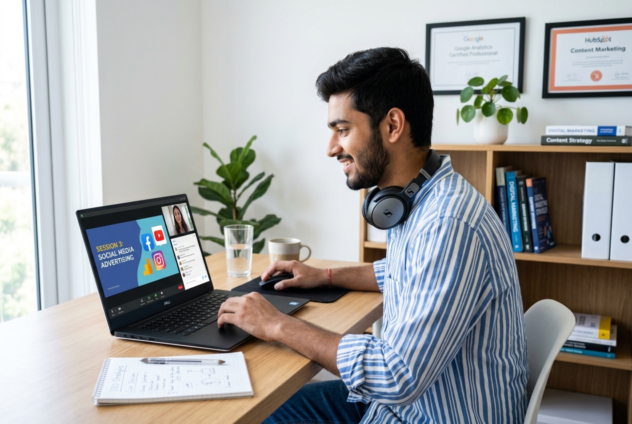 Indian student attending live digital marketing class on laptop — how to choose a course in India — IElevate
