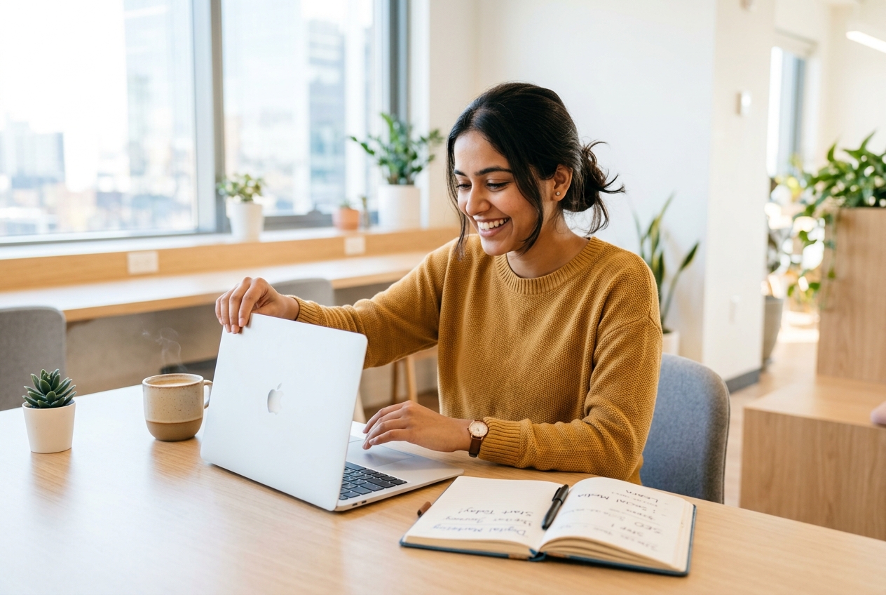 Young Indian student opening laptop to start digital marketing journey — IElevate beginner guide