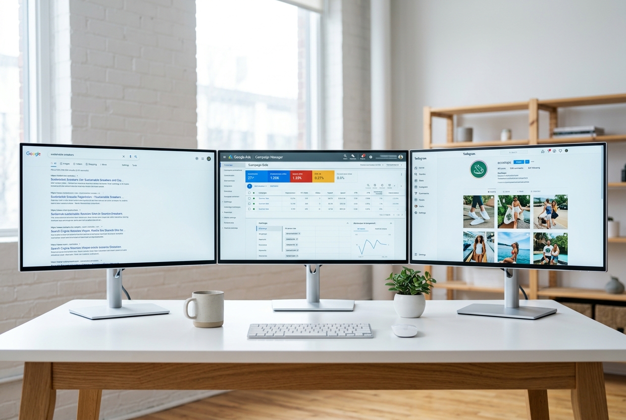 Multiple digital marketing channels on screens — SEO, Google Ads, social media comparison — IElevate