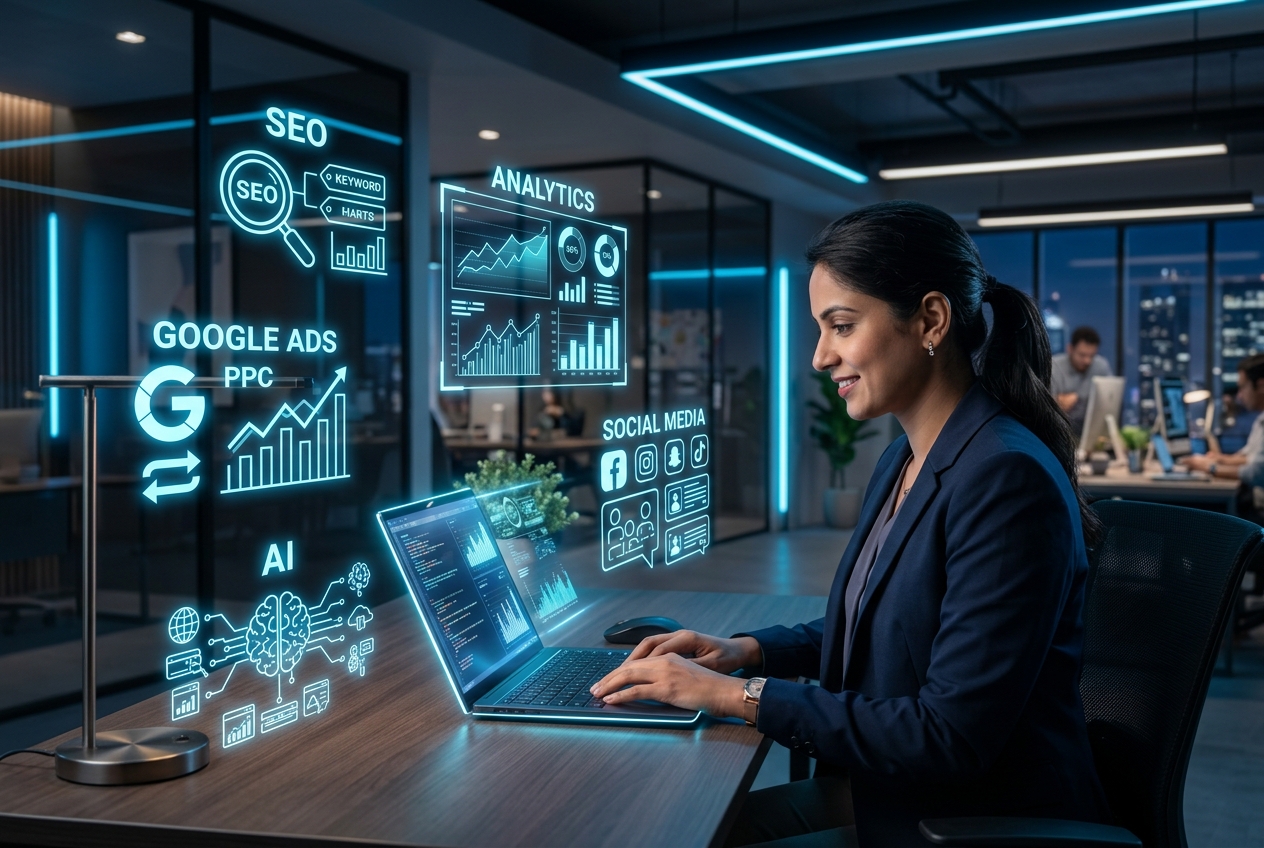 Indian professional building digital marketing skills with AI and analytics tools — IElevate